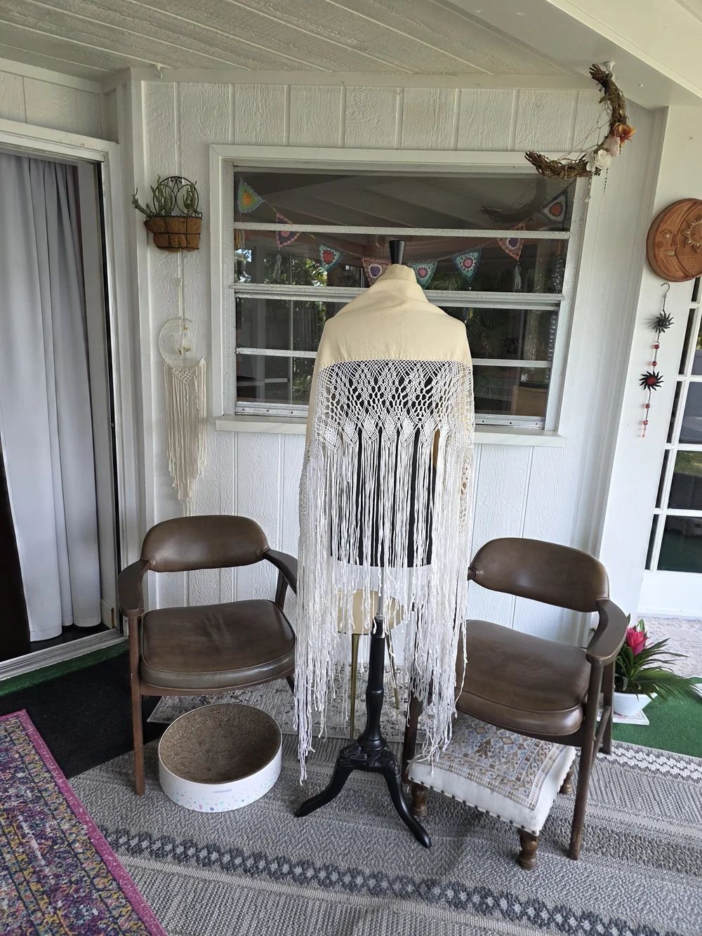 Vintage 70s Dramatic Fringe Wrap Boho Hippie Cream Shawl with White Fringe